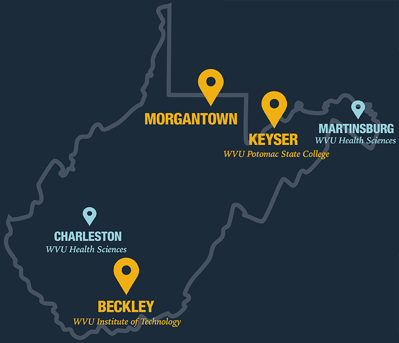 Graphic showing locations of WVU campuses.